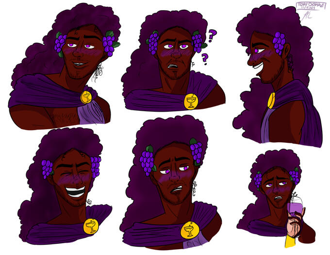 Hades' inspired Dionysus expression sheet for design portofolio